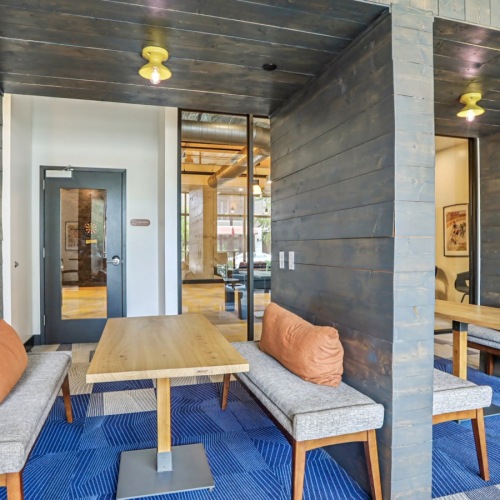 a room with  tables